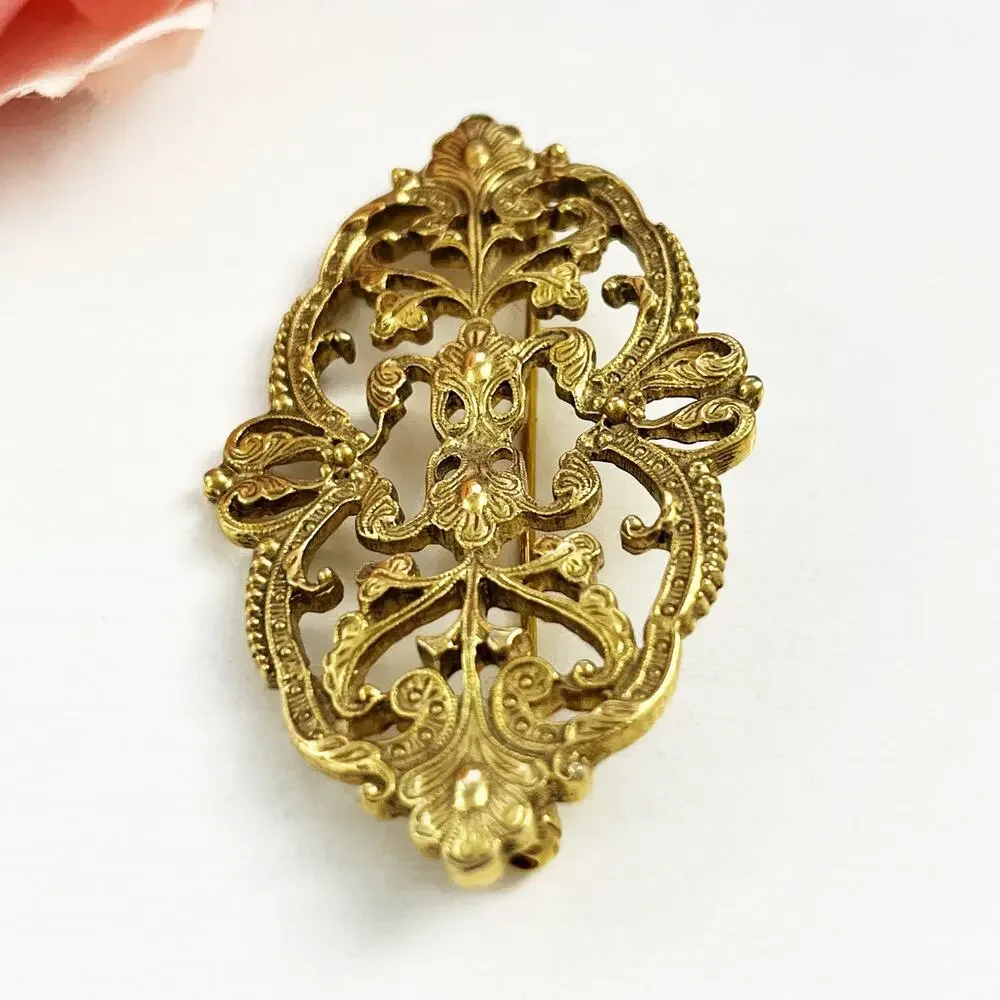 1928 Brand Vintage Filagree Gold Tone Victorian Style Brooch Pin